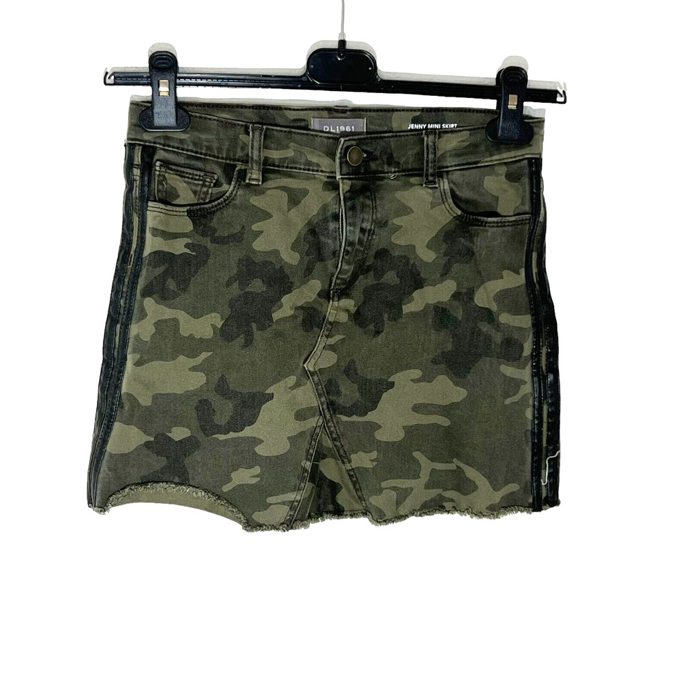 DL 1961 Girls Size 16 Jenny Mini Skirt Camouflage Raw Hem Green Denim 5 Pocket